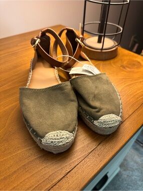 Old Navy Olive Espadrille Flats with Brown Ankle Straps
